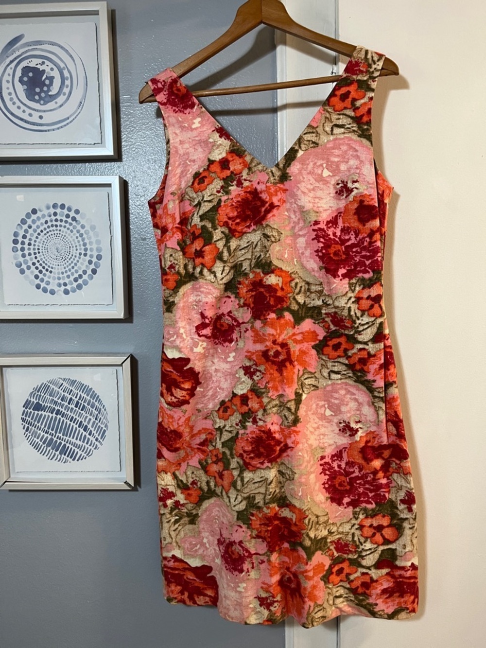 Talbots Red Pink Fall Floral V Neck Knee Length Dress 100% Cotton Pockets Size 8